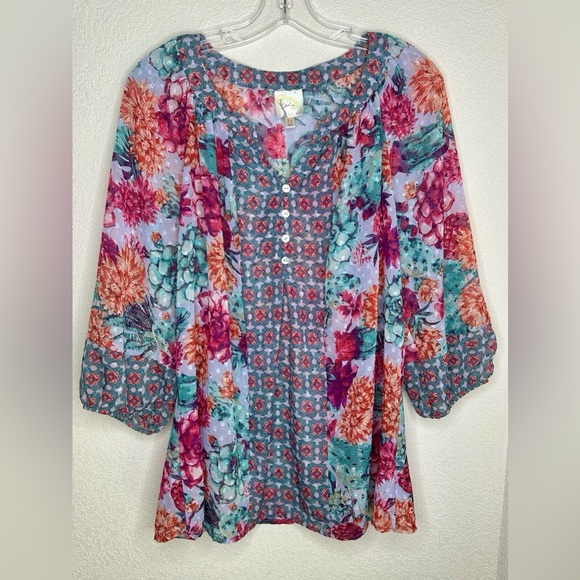 Anthropologie Tops - Anthropologie Size 2X Fig and Flower Boho Peasant Sheer Floral 3/4 Sleeve Cactus